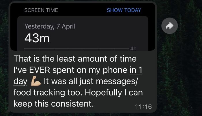 WhatsApp message with a Screen Time card showing 43 minutes: That is the least amount of time I have EVER spent on my phone in 1 day.