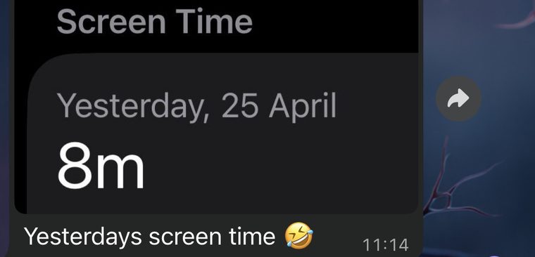 WhatsApp message with a Screen Time card showing 8 minutes.